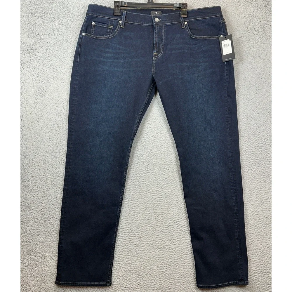 NEW 7 For All Mankind Jeans Mens 42 Blue Straight Tapered Leg Dark Wash Stretch